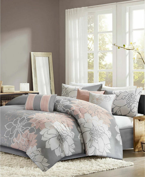 Madison Park Lola Cotton 7-Pc. King Comforter Set Grey Blush New $430